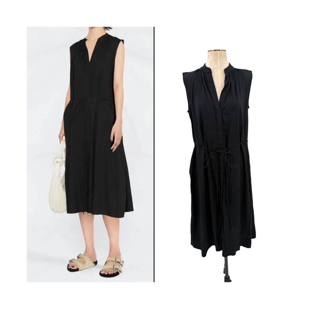 Vince Shirred Band Collar Linen Blend Tie Waist Midi Dress Black Size Small